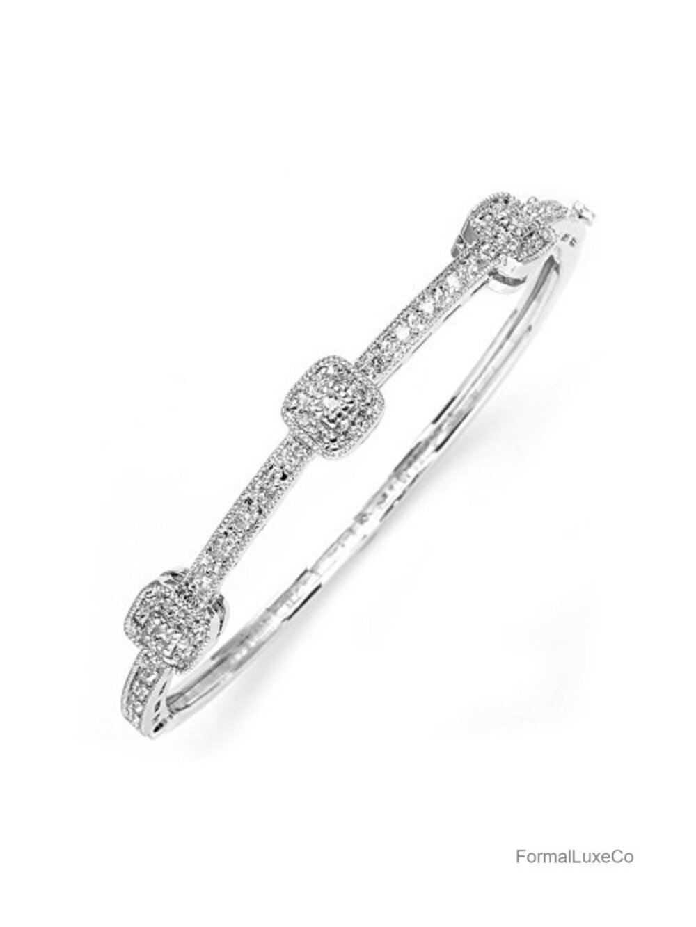 Vintage Cubic Zirconia Crystal Bangle Bracelet Rhodium Plated 7" for Wedding